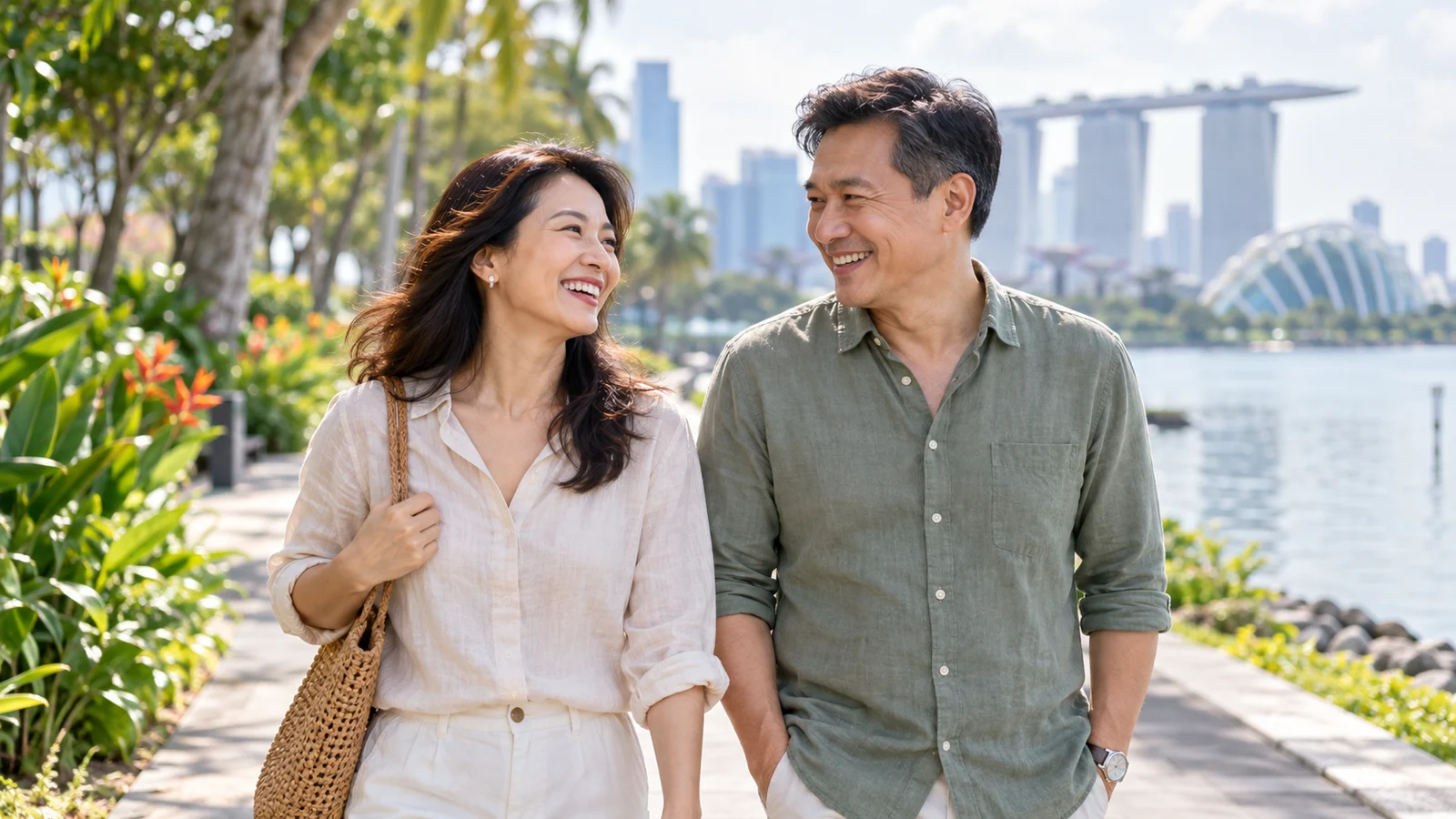 Two friends smiling together on a Singapore waterfront walk; AI-generated illustrative image